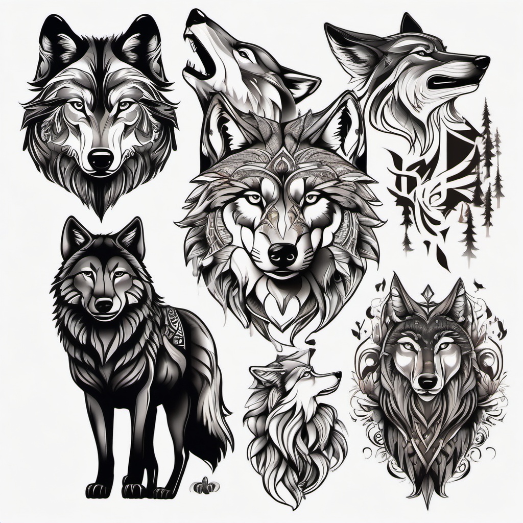 Wolf Tattoo Drawings,array of wolf-themed drawings, capturing the essence of the wild in various artistic styles. , tattoo design, white clean background