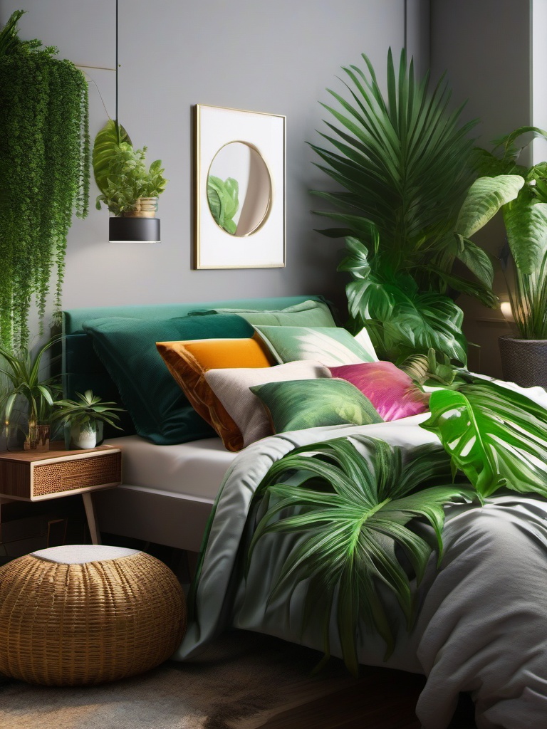 Urban Jungle Sleeping Oasis - Turn your bedroom into an urban jungle with houseplants. , bedroom interior decor design ideas, multicoloured, photo realistic, hyper detail, high resolution,