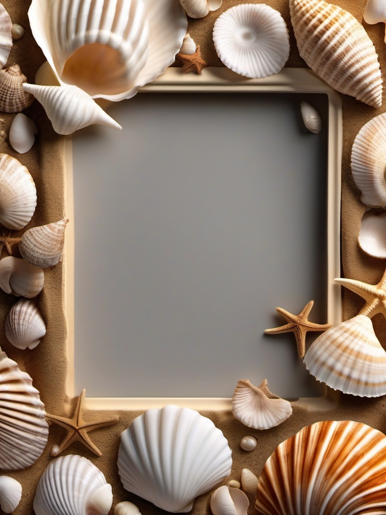 Beachcomber's seashell frames close shot perspective view, photo realistic background, hyper detail, high resolution