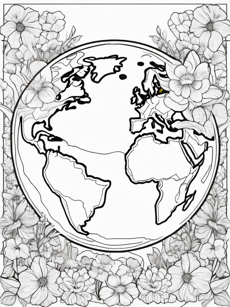 Earth Coloring Pages - Earth surrounded by colorful flowers and plants  simple coloring pages