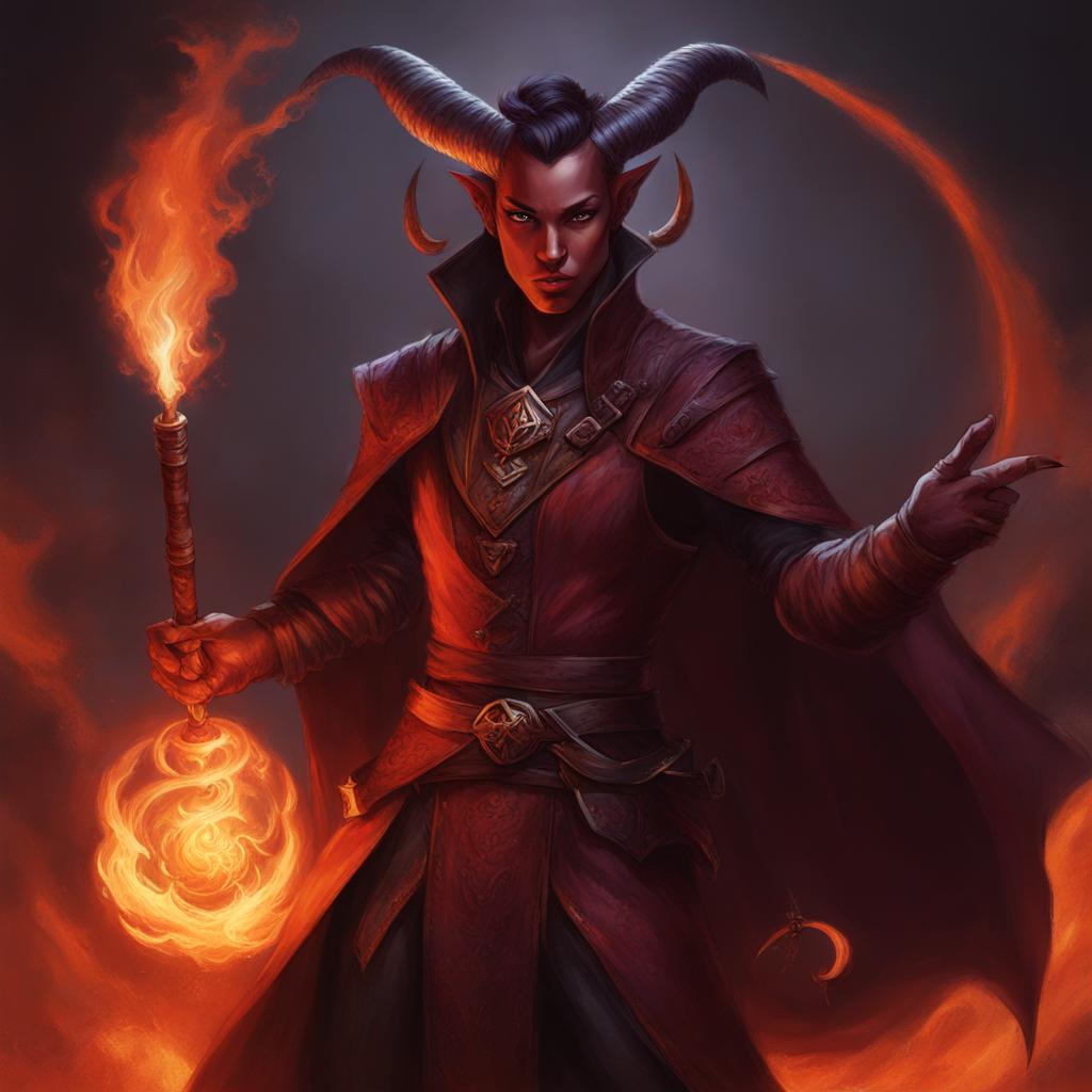 tiefling warlock and their infernal pact - create an artwork of a tiefling warlock bound by an infernal pact, wielding dark powers. 