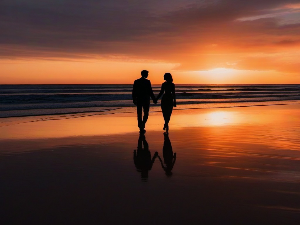 Happy Anniversary image - Silhouette of a couple walking on a beach at sunset with Happy Anniversary text overlay  aesthetic pictures photo