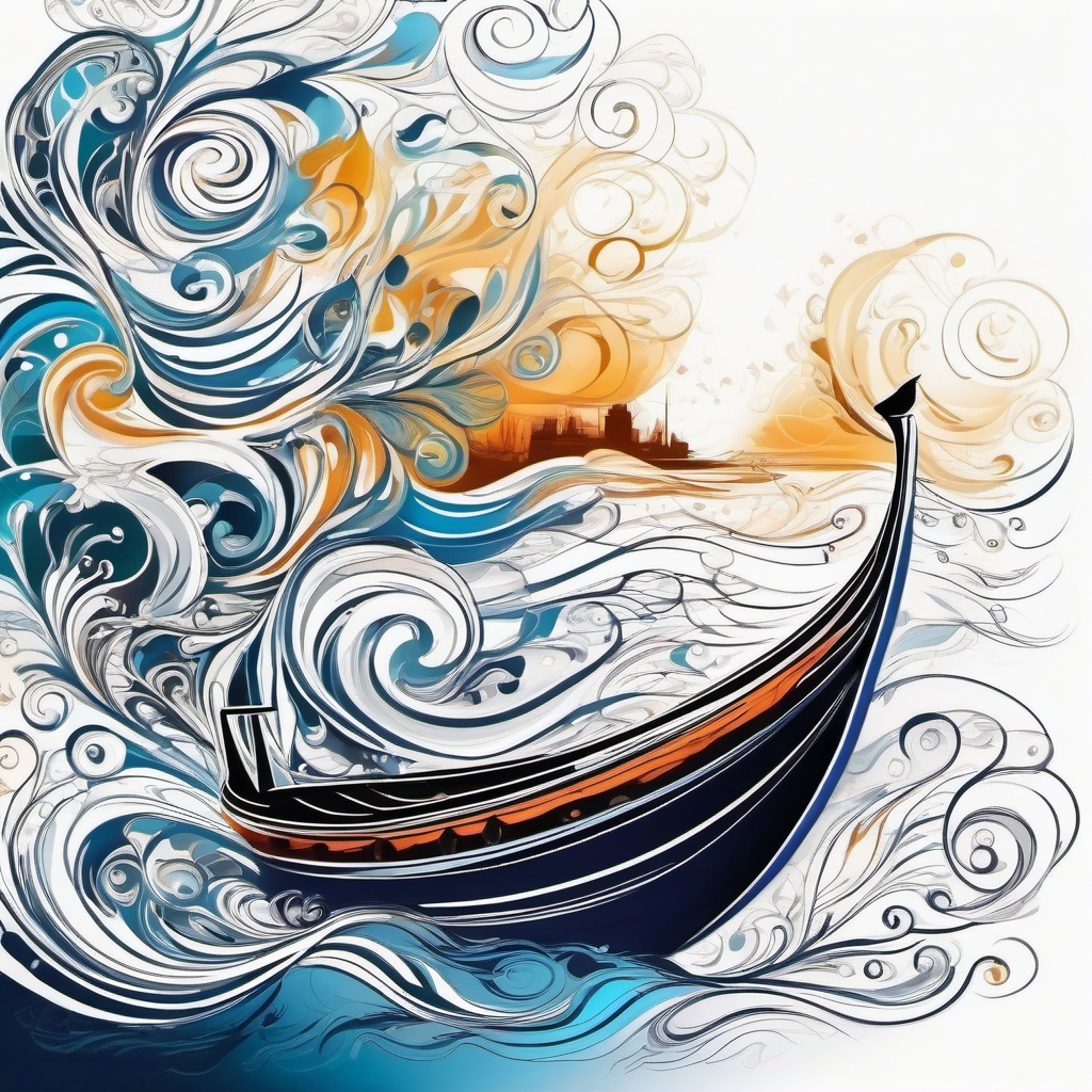 Abstract boat swirls ink. Whimsical dance on the river.  color tattoo, white background