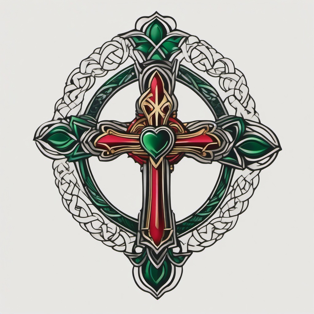 irish claddagh cross tattoo  simple color tattoo,minimal,white background