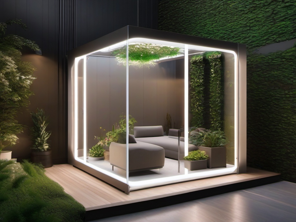 The garden room showcases High Tech interior design with smart gardening solutions, sleek furniture, and a modern aesthetic that brings a sense of innovation to indoor gardening.  