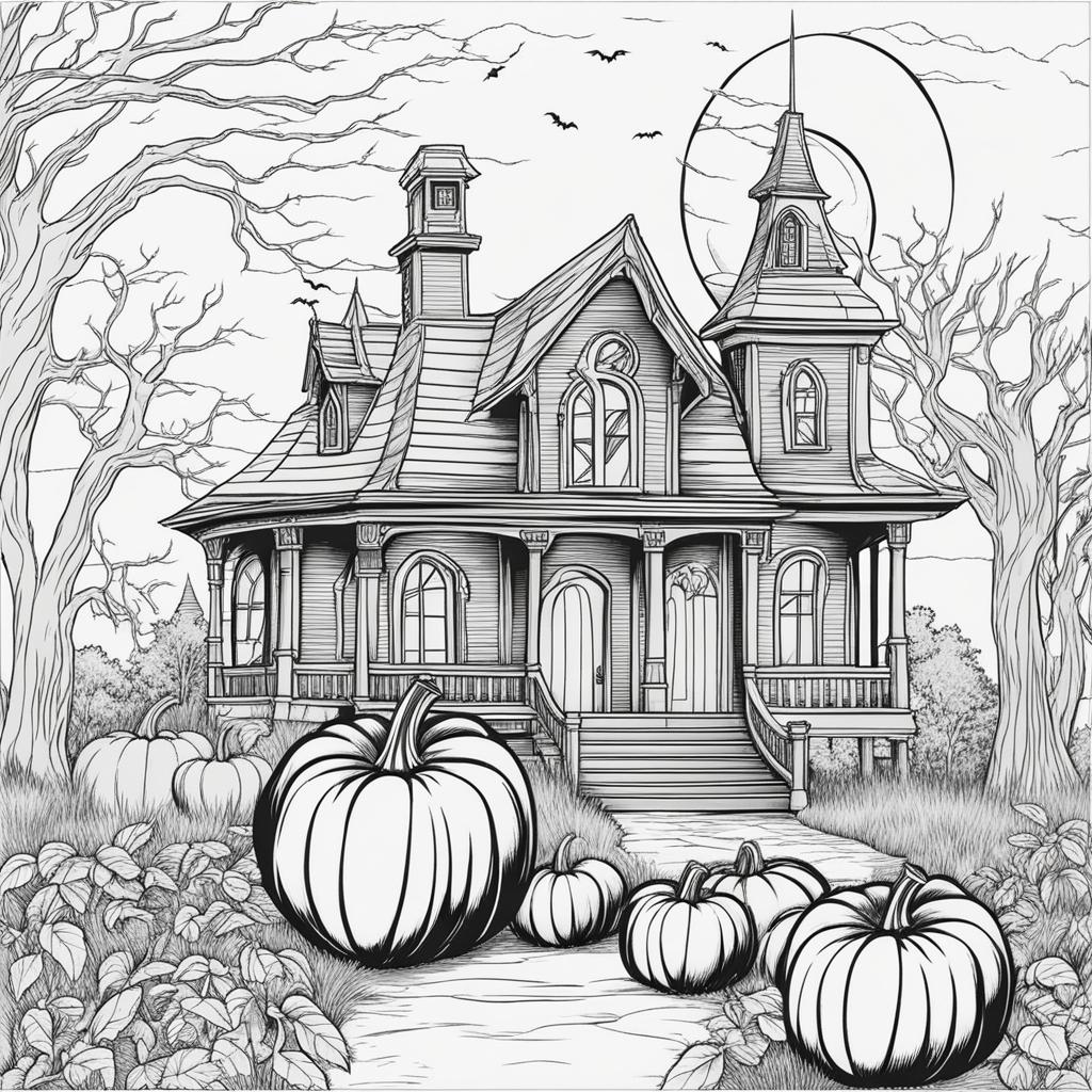 pumpkin coloring pages - a carved pumpkin illuminates a haunted house. 