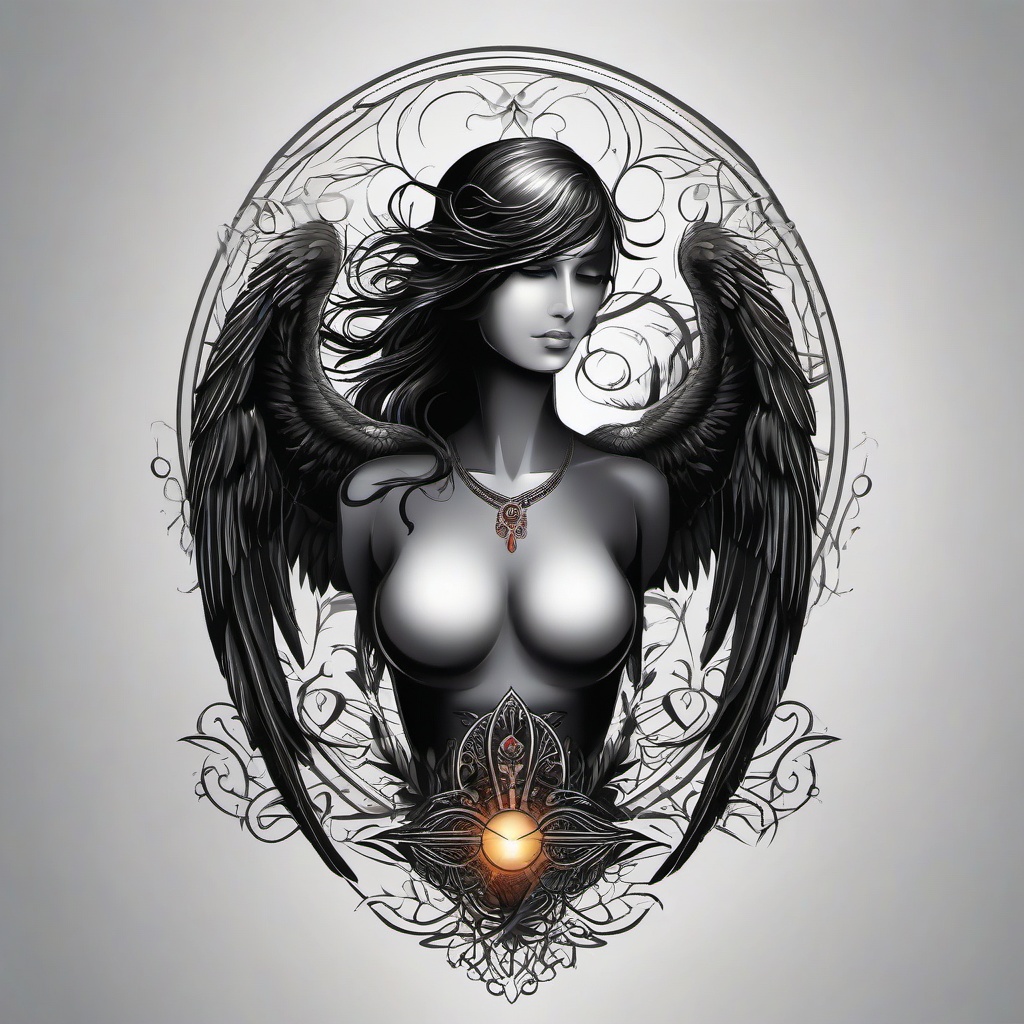 Dark Angel Tattoo-Capturing the mysterious and mystical with a dark angel tattoo, symbolizing the enigmatic side of celestial beings and the cosmic balance.  simple vector color tattoo