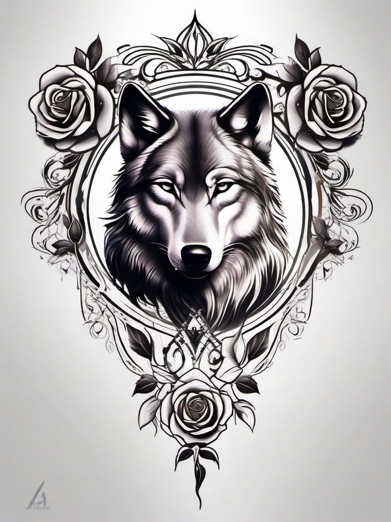 Wolf and Rose Tattoo,captivating fusion of the wolf and a delicate rose, combining strength and beauty. , tattoo design, white clean background