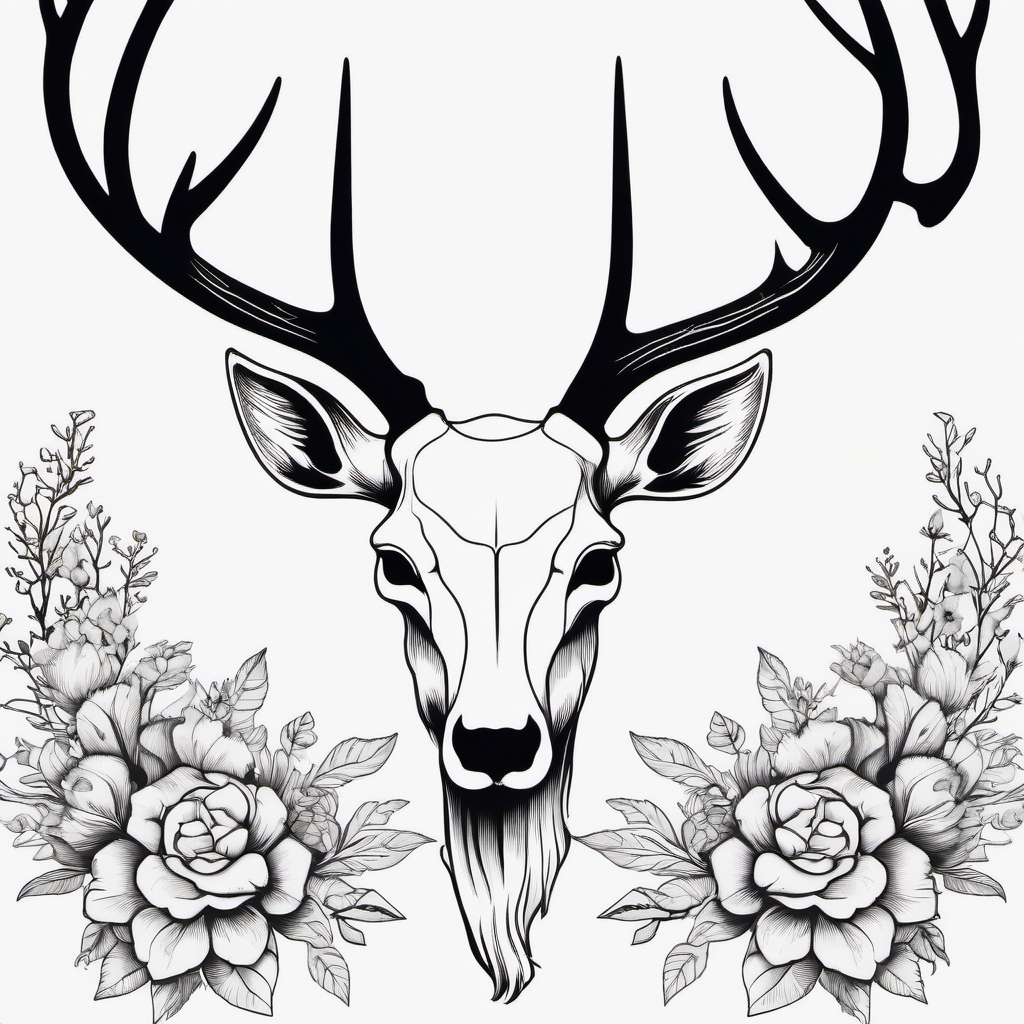 Graceful antlers adorn a simple deer skull, symbolic beauty.  black and white tattoo style