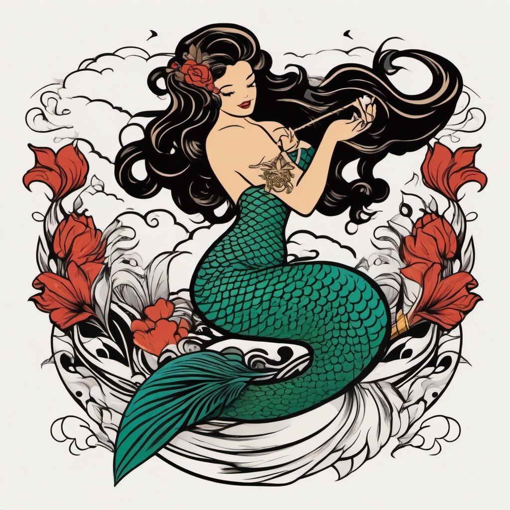 Mermaid Sailor Jerry - Embrace the timeless style of Sailor Jerry with a mermaid-themed tattoo.  simple vector color tattoo,minimal,white background