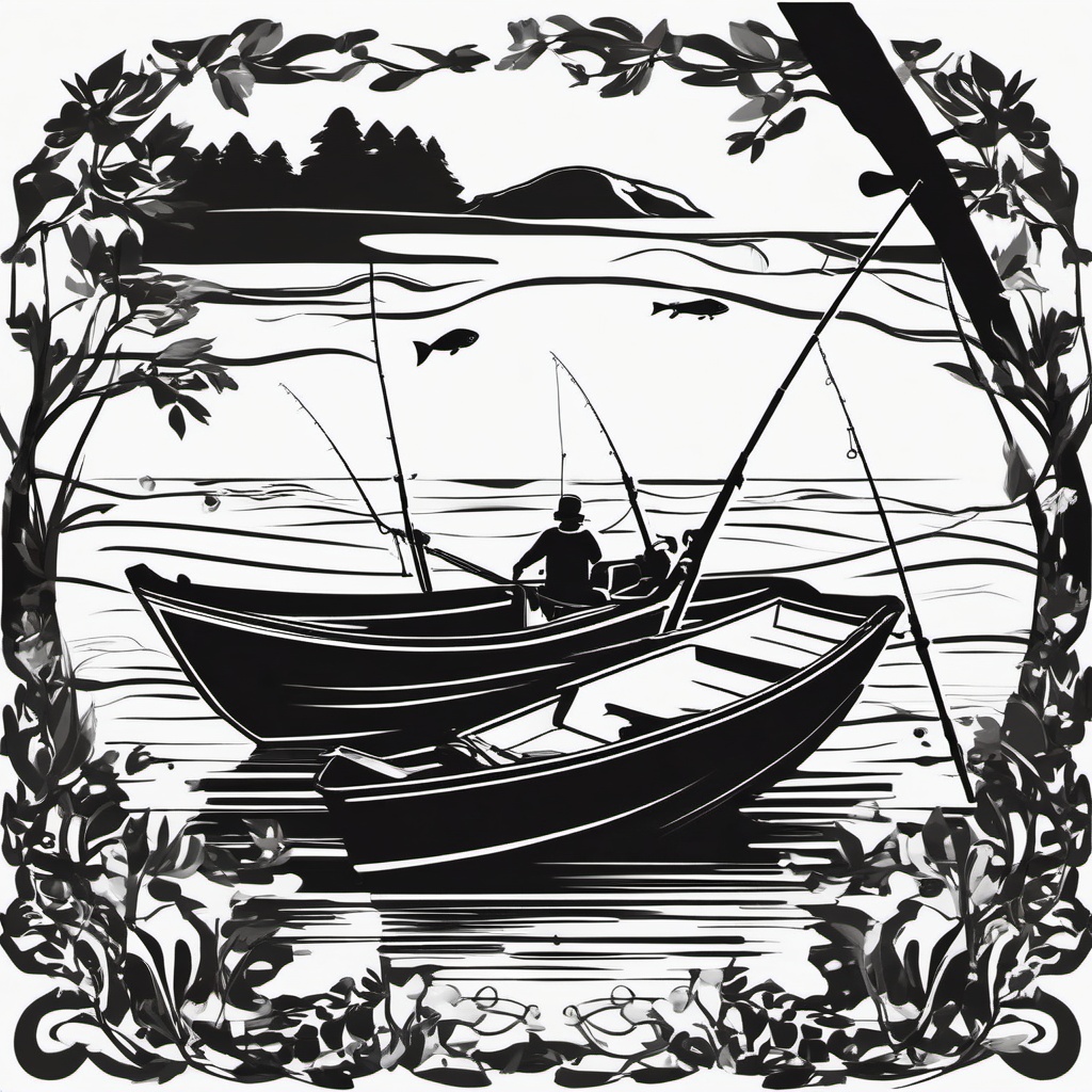 Black and White Fishing Clipart,Designing a monochrome fishing-themed poster with black and white fishing clipart  simple, 2d flat