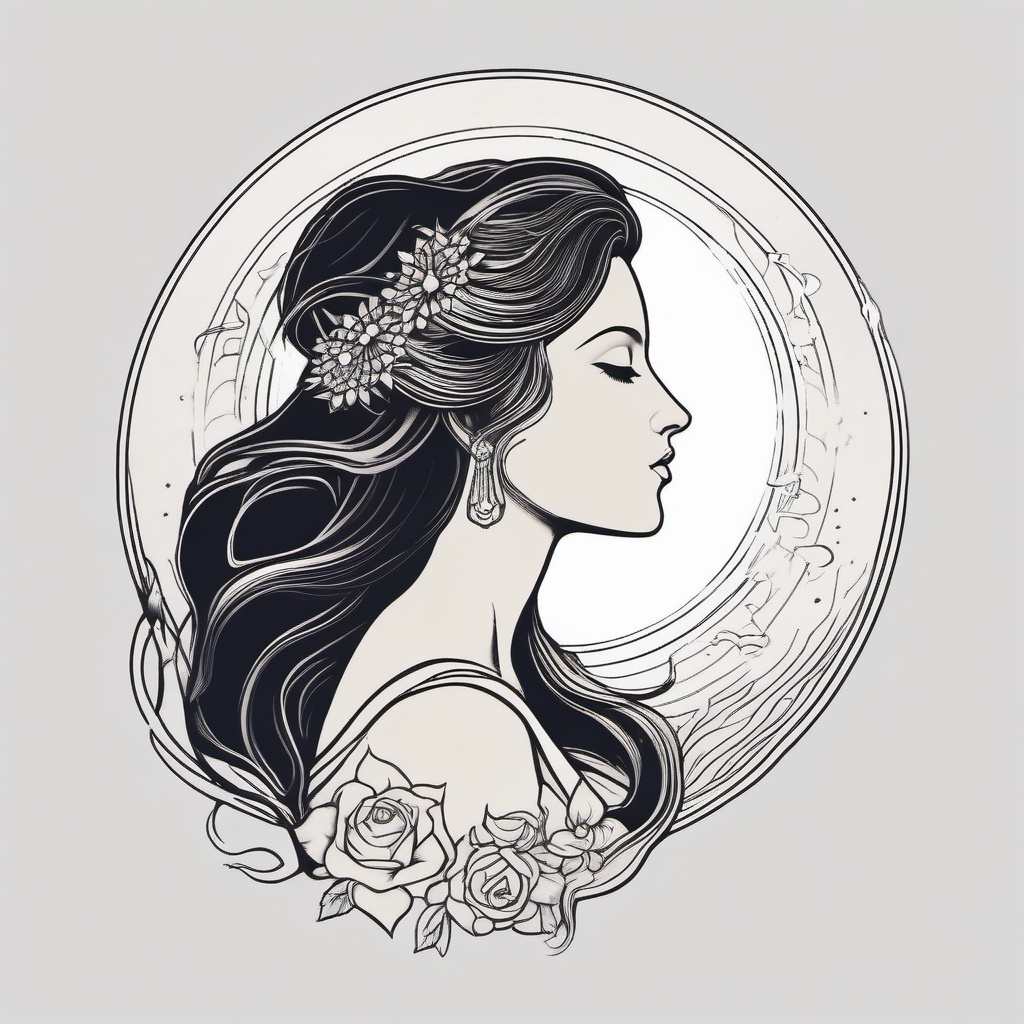 Achelois Goddess Tattoo - Celebrate the lesser-known goddess Achelois with a tattoo, capturing her associations with the moon and healing waters.  simple color tattoo, white background 