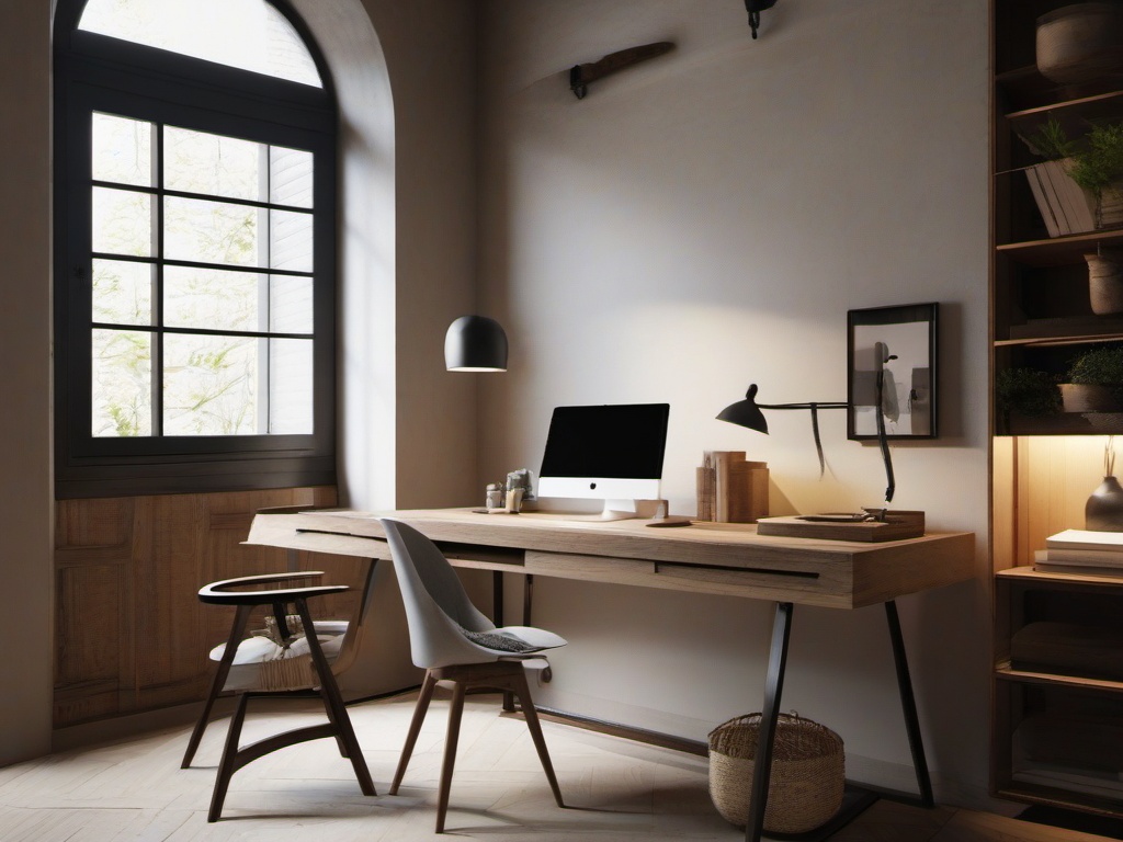 The home office exemplifies Wabi Sabi interior design, featuring a simple wooden desk, minimal decor, and soft natural light that creates a focused and calming workspace.  