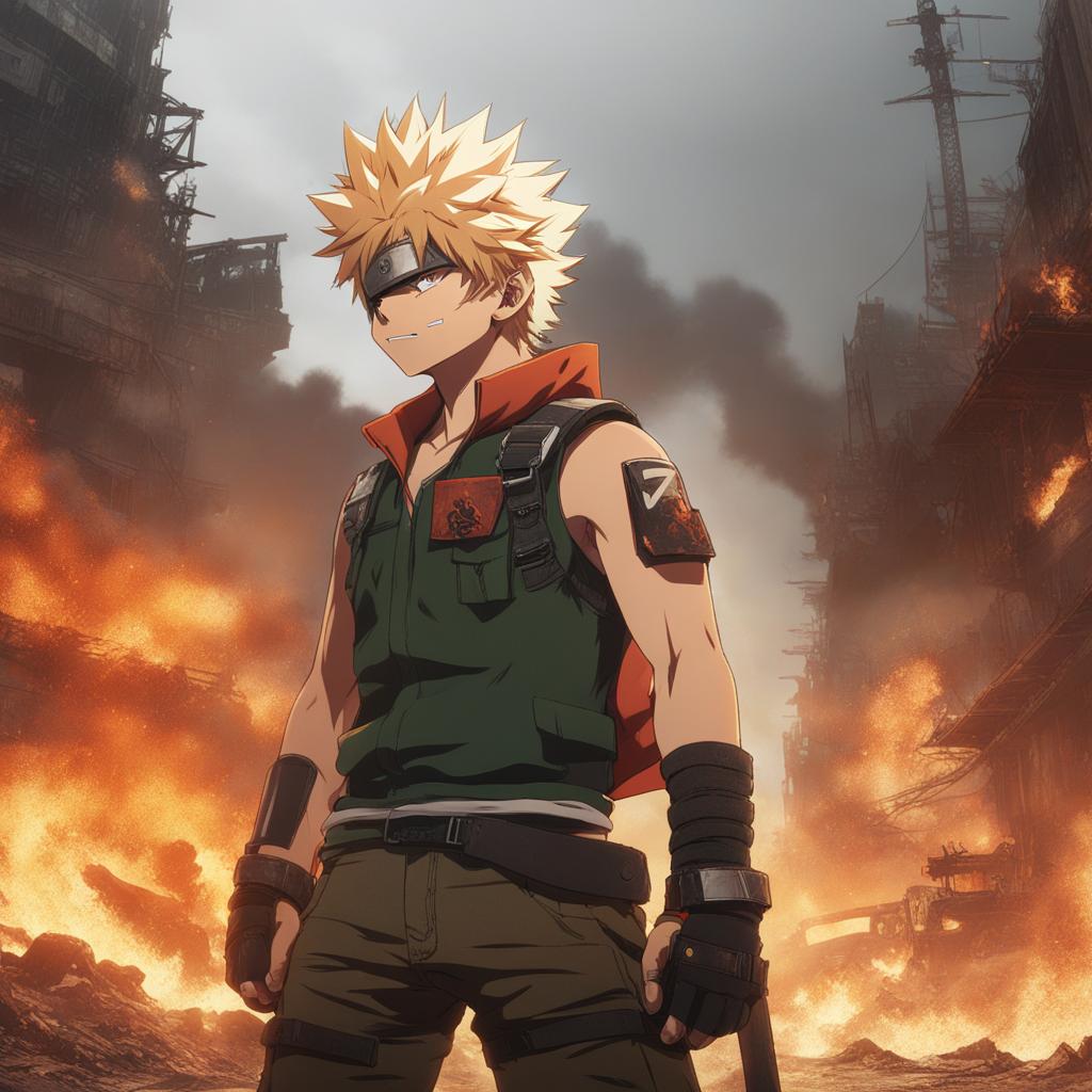 bakugou - races through a post-apocalyptic wasteland, leaving fiery trails in his wake. 