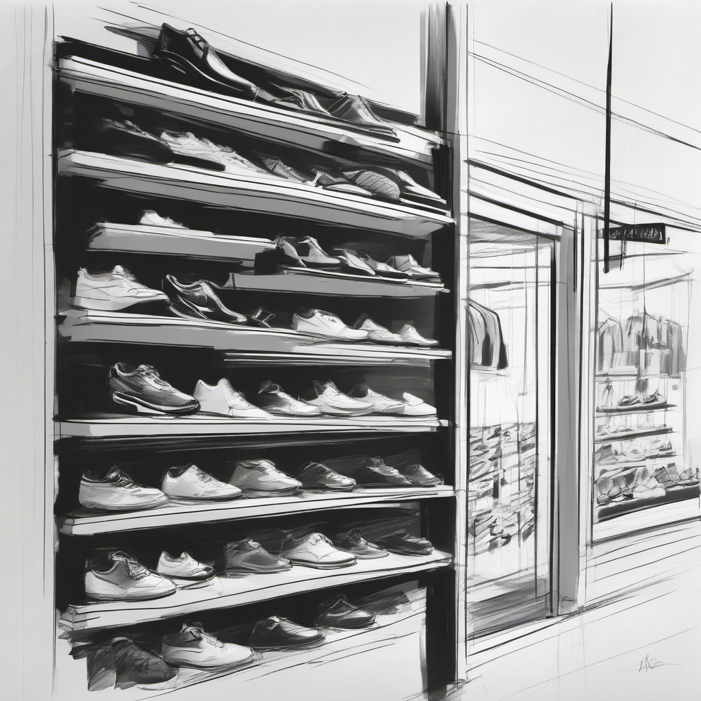 drawing of a shoe store display  minimal rough sketch scribbles,doodles,black and white