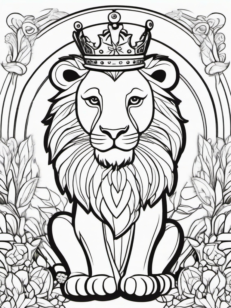 Lion Coloring Pages - Cartoon lion wearing a crown in a whimsical kingdom  simple coloring pages