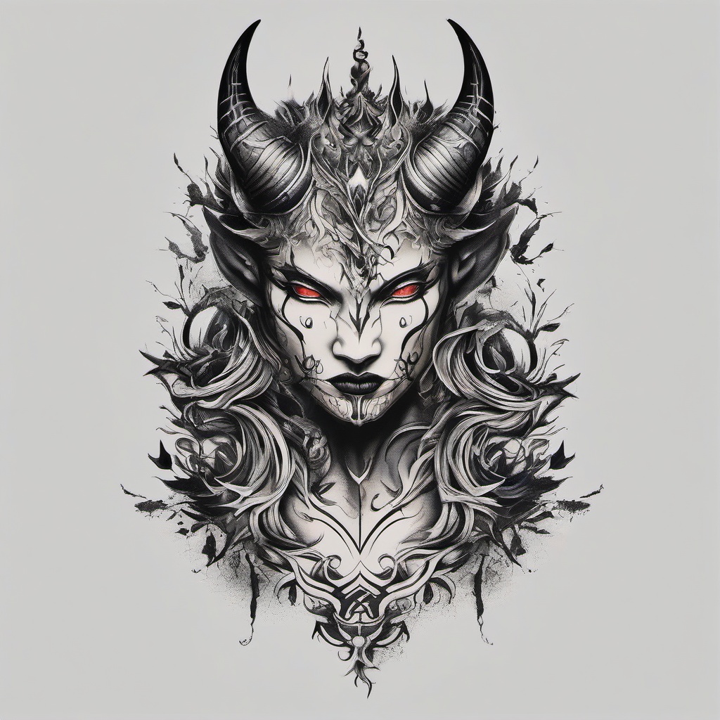 Inner Demon Tattoo-Bold and symbolic tattoo featuring the theme of inner demons, capturing personal struggles and triumphs.  simple color tattoo,white background