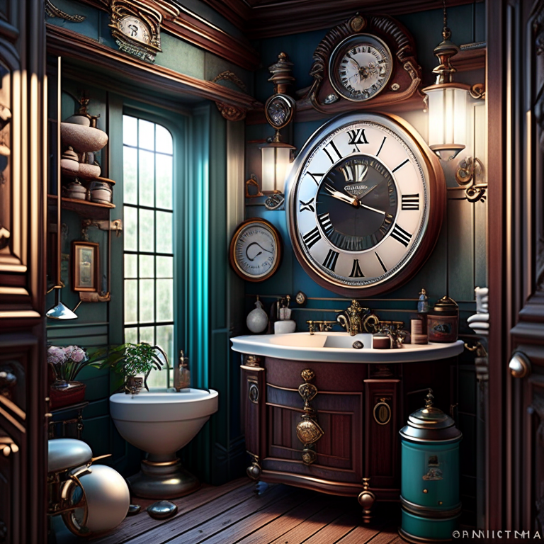 time traveler's bathroom with vintage clocks and time portal bathtub. 