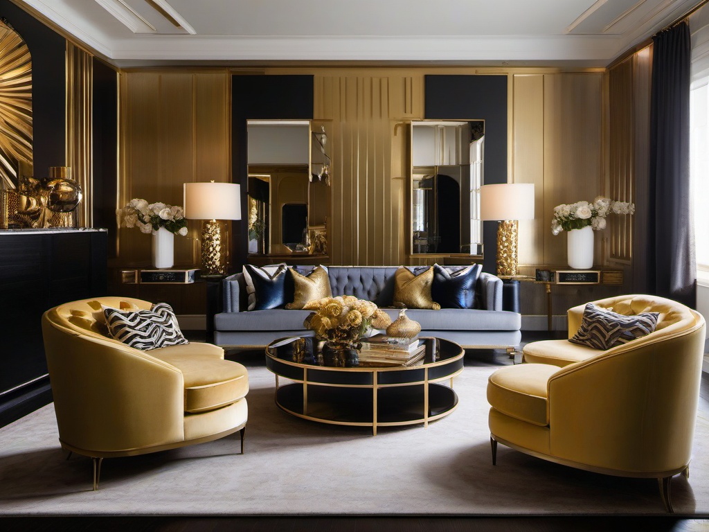 Hollywood Regency living room showcases plush sofas, decorative mirrors, and gold accents, creating an upscale yet approachable atmosphere.  