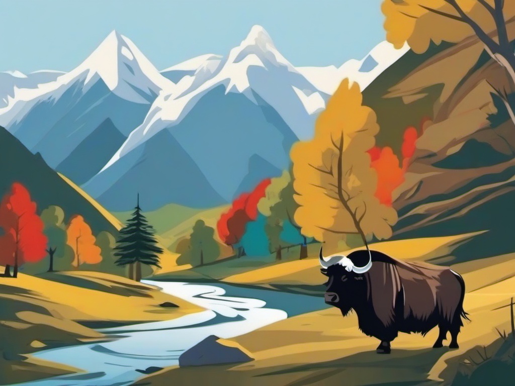 Yak Cartoon - Cartoon of yak in mountainous landscape  