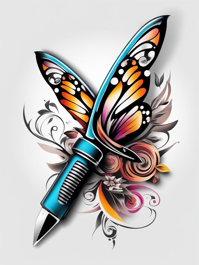 Butterfly knife tattoo, Creative tattoos combining butterfly imagery with the concept of a butterfly knife.  viviid colors, white background, tattoo design