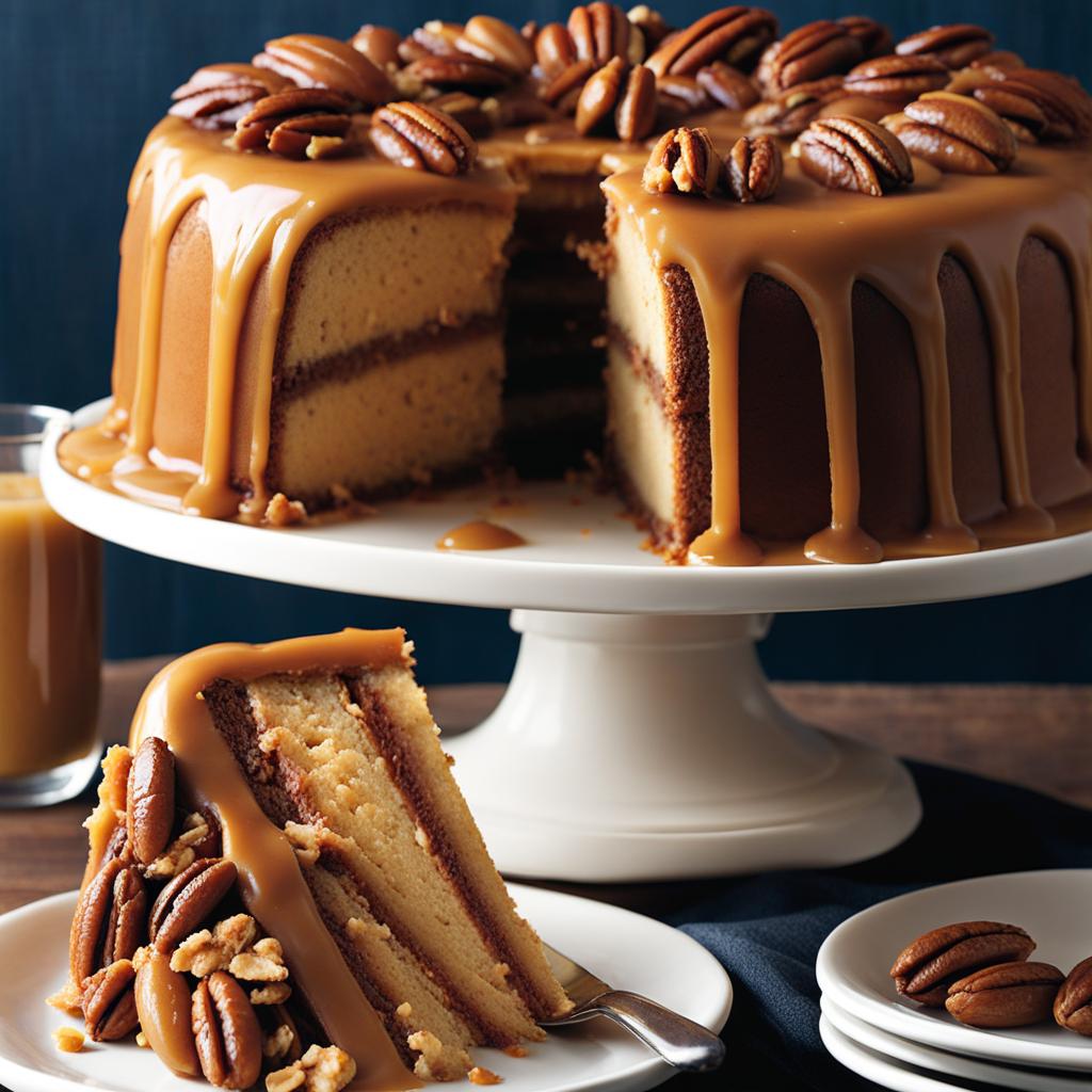 triple-layered caramel cake with pecans, indulged at a southern-style barbecue feast. 