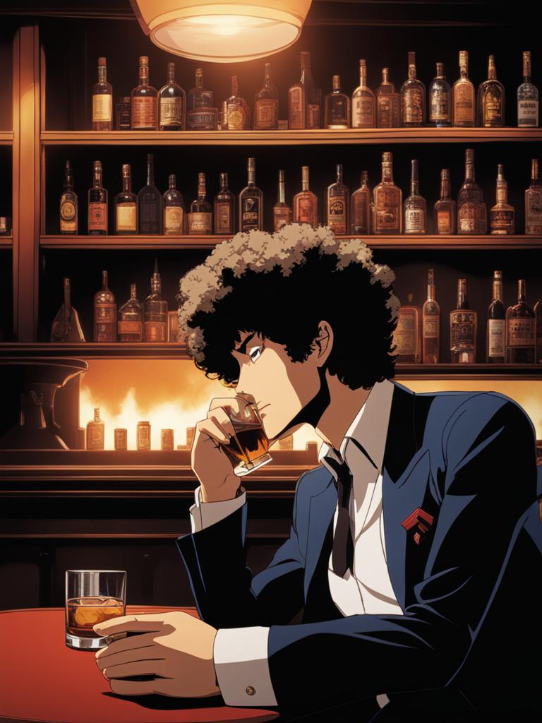 spike spiegel lounges in a smoky jazz bar, sipping on a glass of whiskey. 