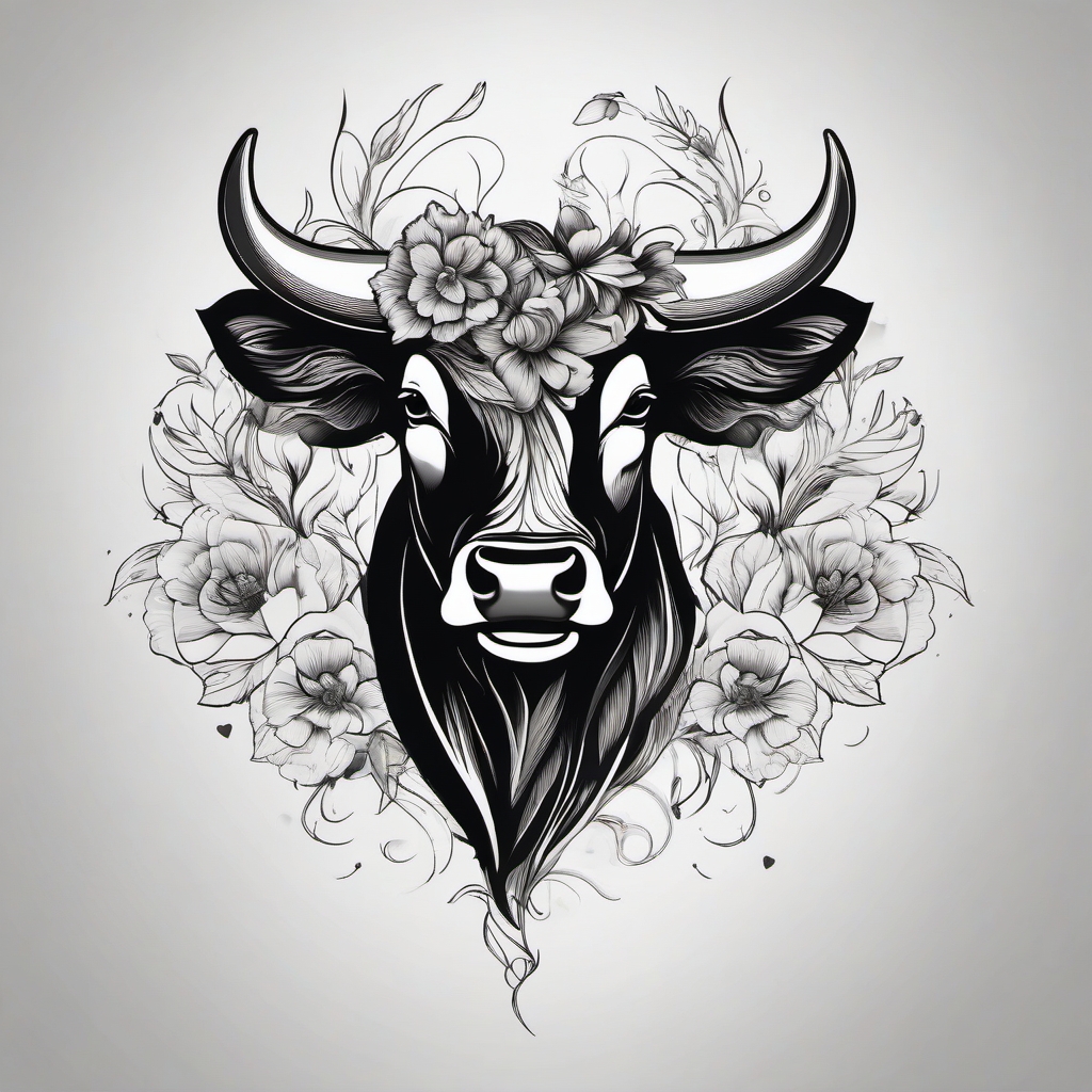 Bull with floral details ink. Blooms of resilience in art.  minimalist black white tattoo style