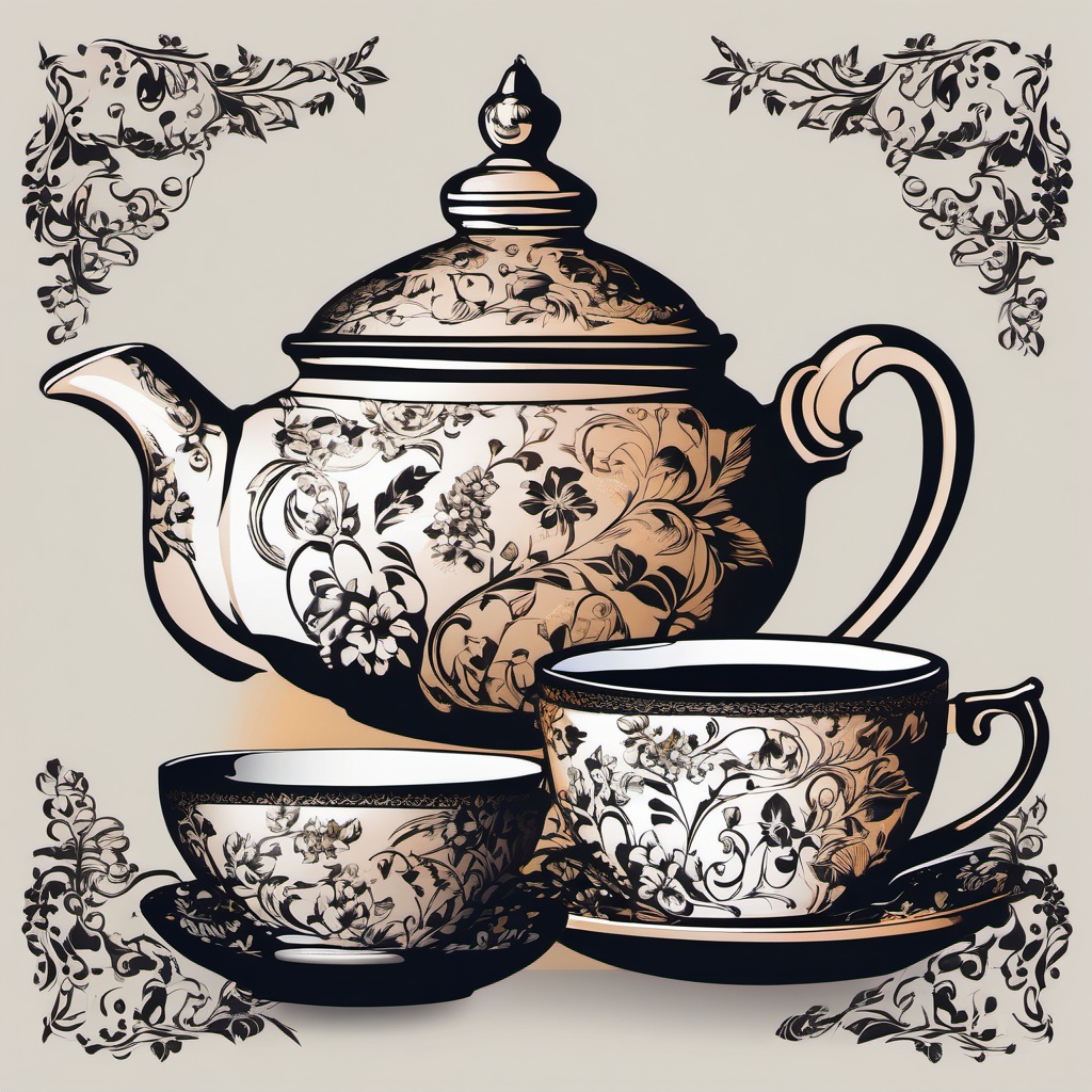 Ornate Teapot and Matching Floral Cup Clipart - An ornate teapot beside a matching floral-patterned teacup.  color clipart, minimalist, vector art, 