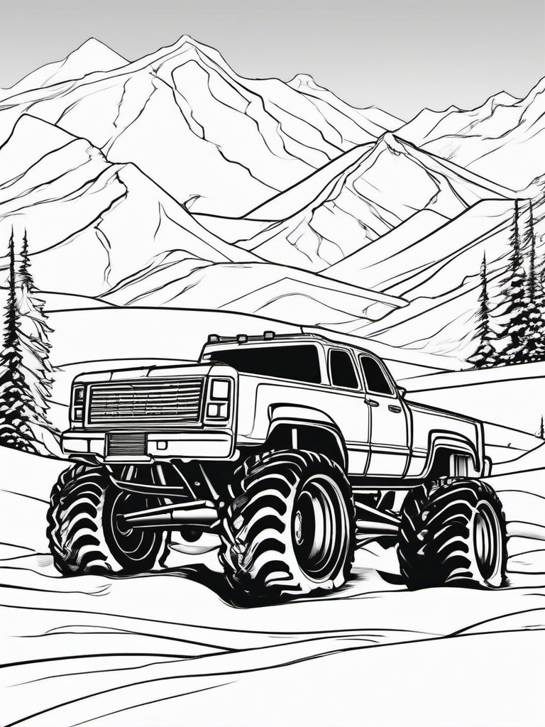 Monster Truck in Snow Coloring Pages - Trucks Driving Through Snowy Terrain  minimal black outline printable sheet, coloring page