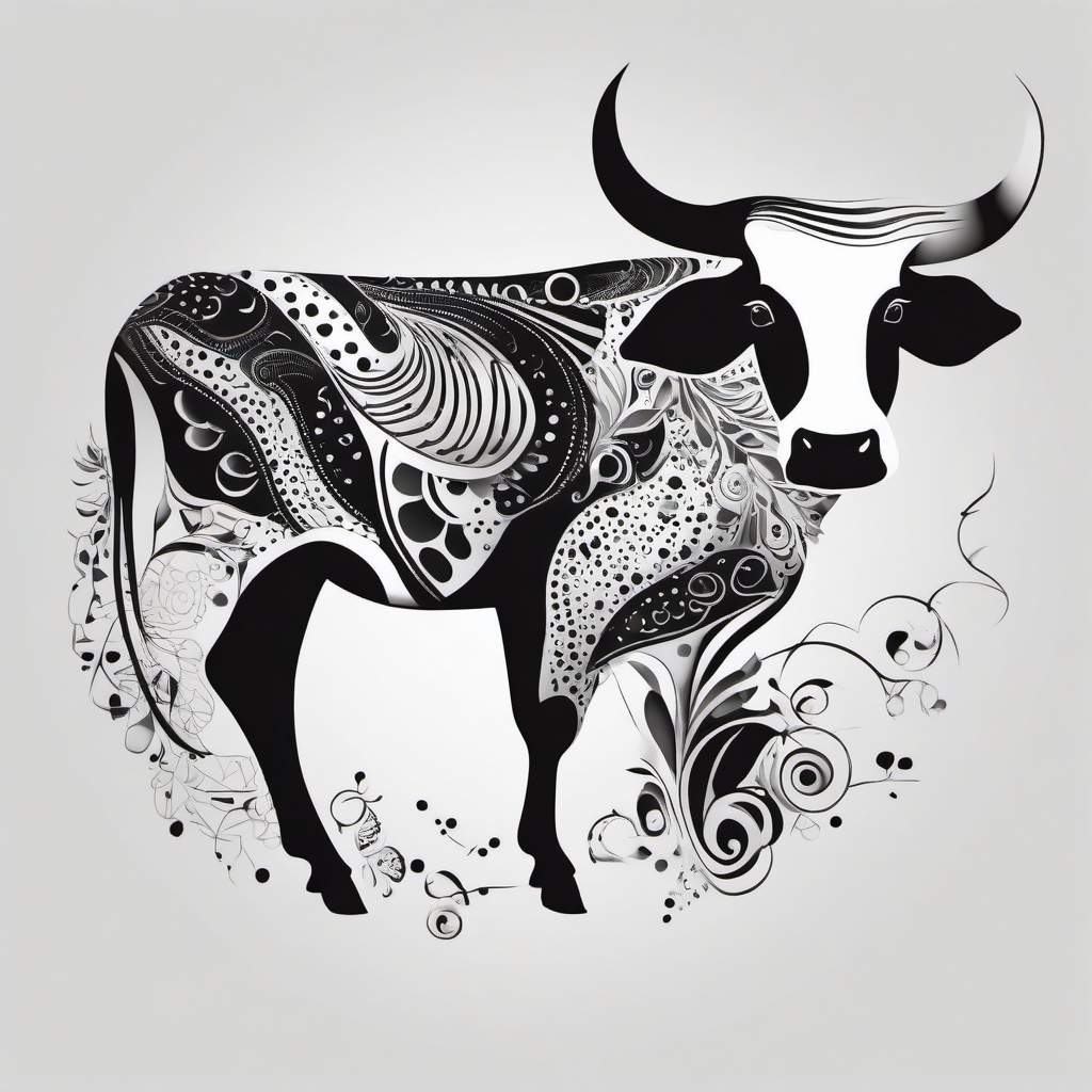 Abstract spotted cow tattoo: Whimsical patterns, dynamic and lively.  black and white tattoo style