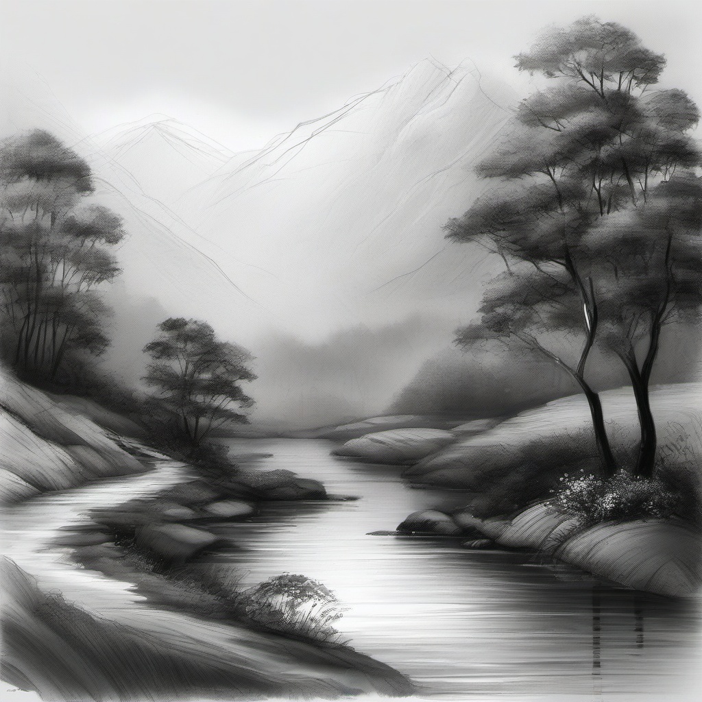 pencil sketch of scenery  minimal rough sketch scribbles,doodles,black and white