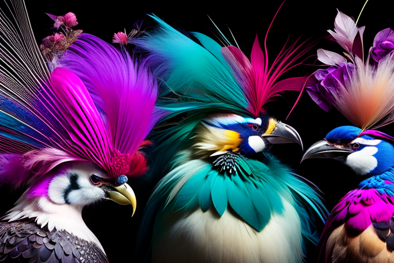 birds holding a 'feather styling competition,' showcasing extravagant plumes in absurd styles. 