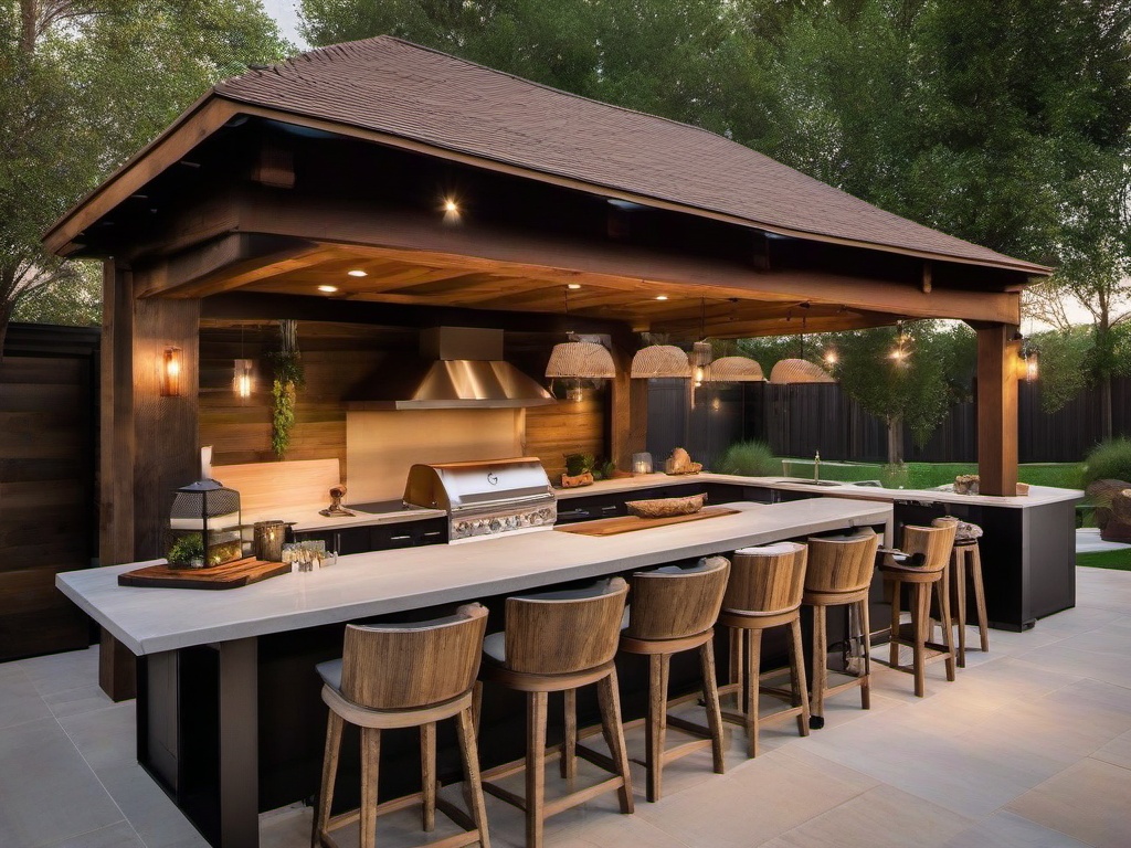 Modern Rustic outdoor kitchen combines sleek fixtures with rustic wood accents and warm textiles for a stylish yet inviting outdoor cooking area.  