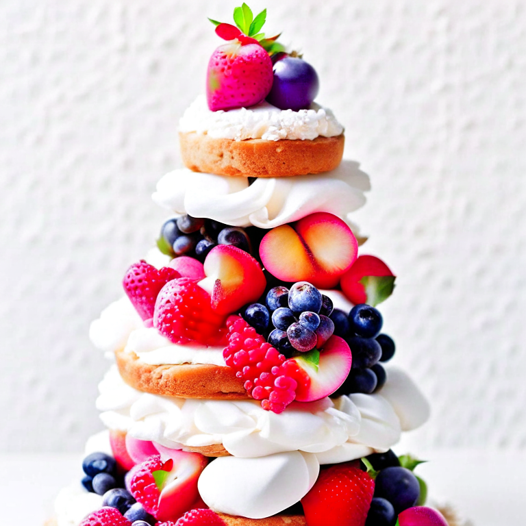 a tower of mini fruit pavlovas, with crisp meringue shells, whipped cream, and fresh fruit. 