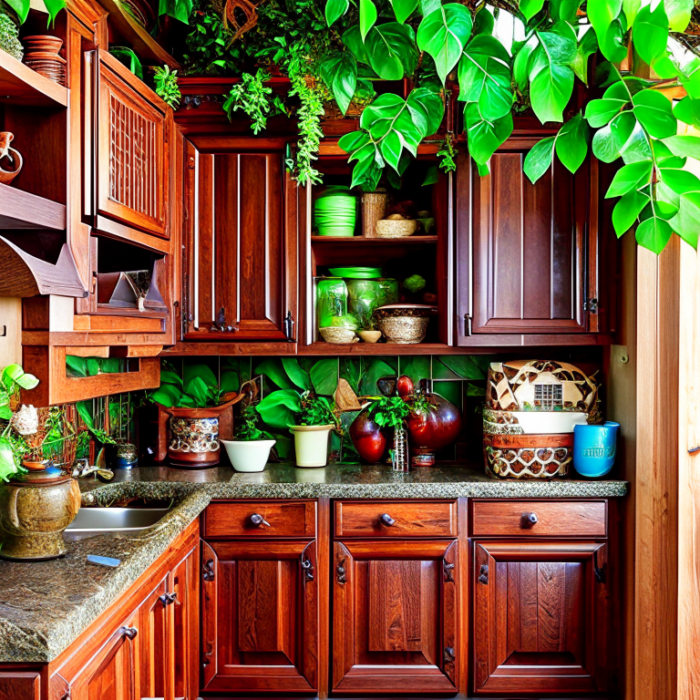 elf village kitchen featuring tree bark-inspired cabinetry and elven patterned tiles. 