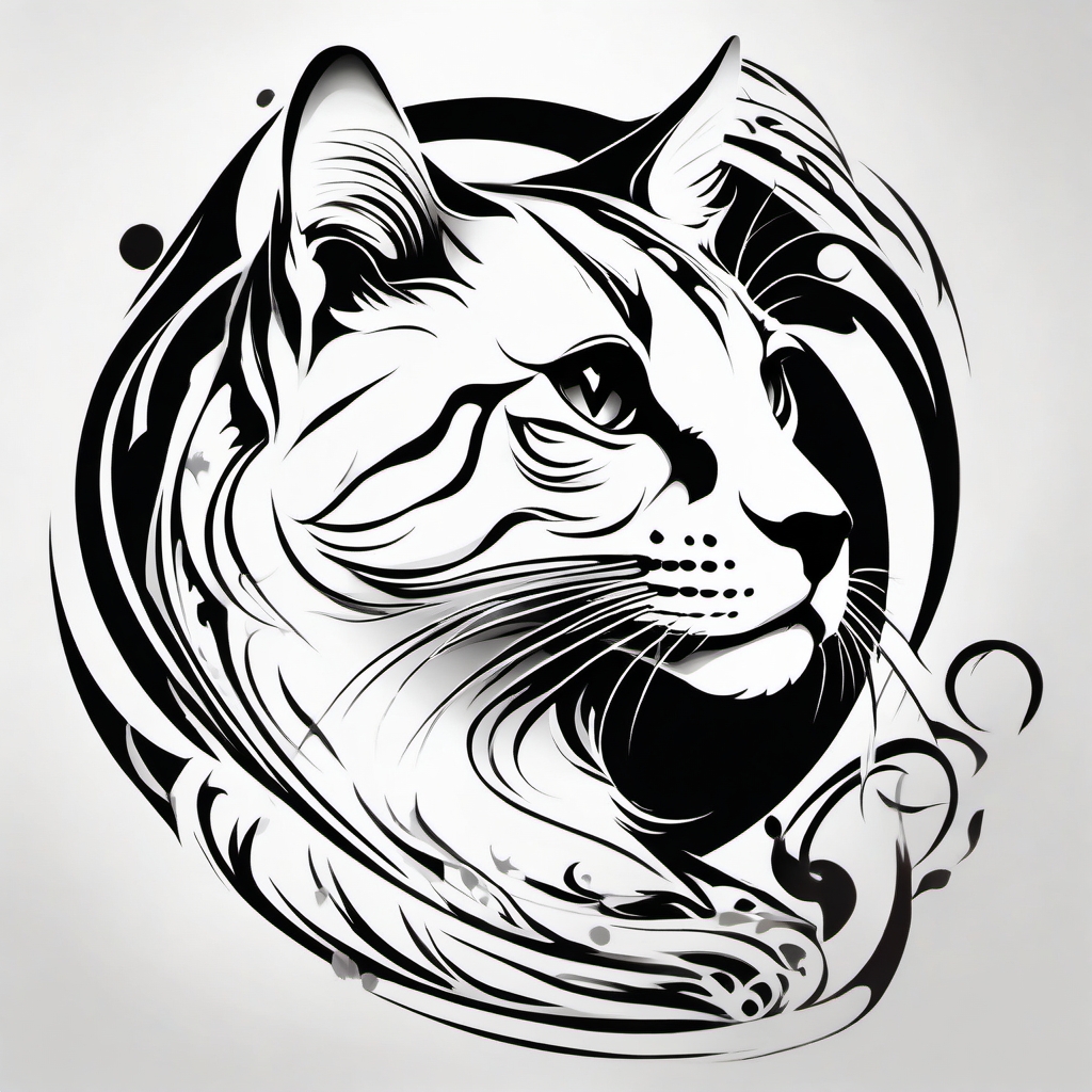 Fluidity in paw movement tattoo: Dynamic energy of a playful feline.  black white tattoo, white background