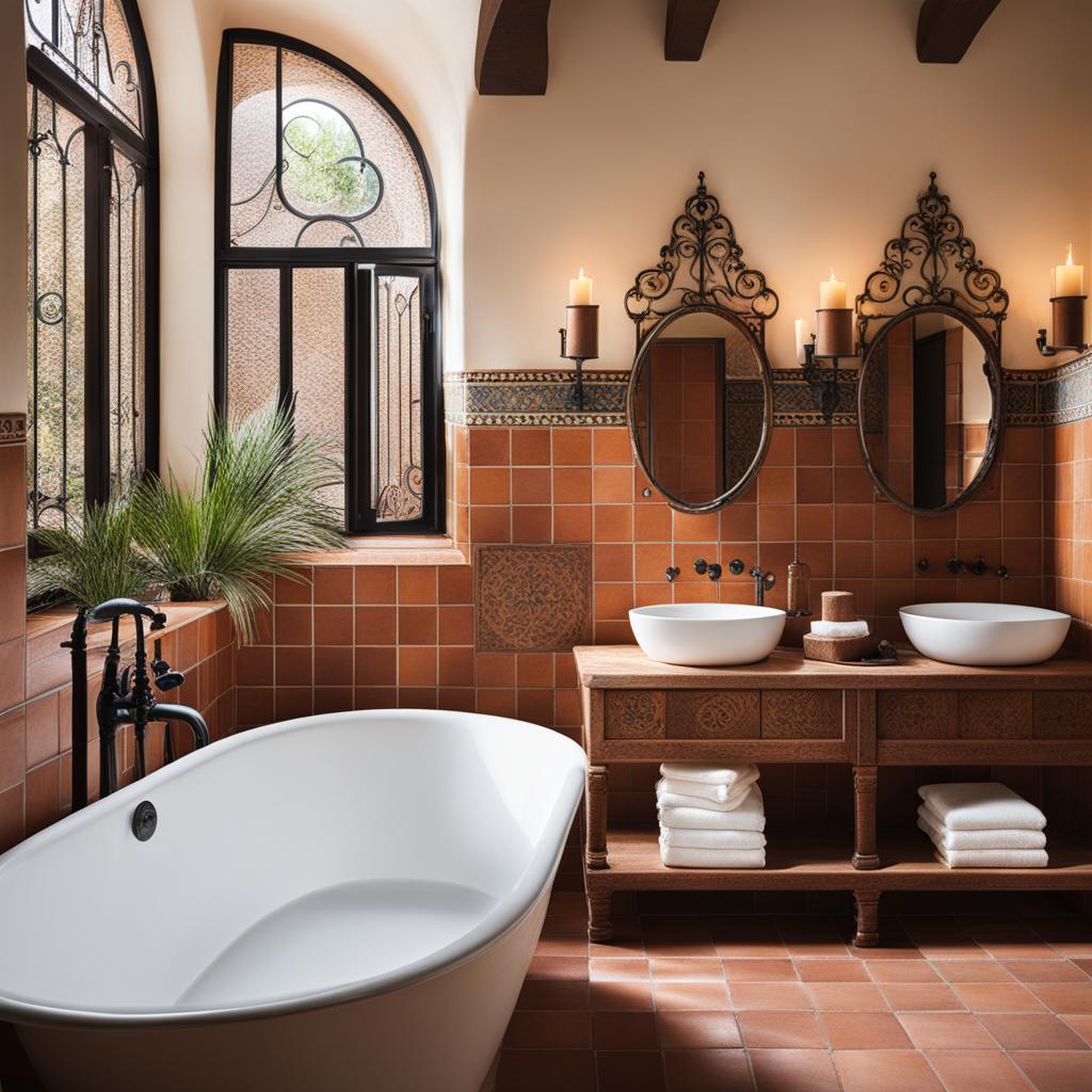 spanish-style bathroom with terra-cotta tiles and wrought-iron details. 