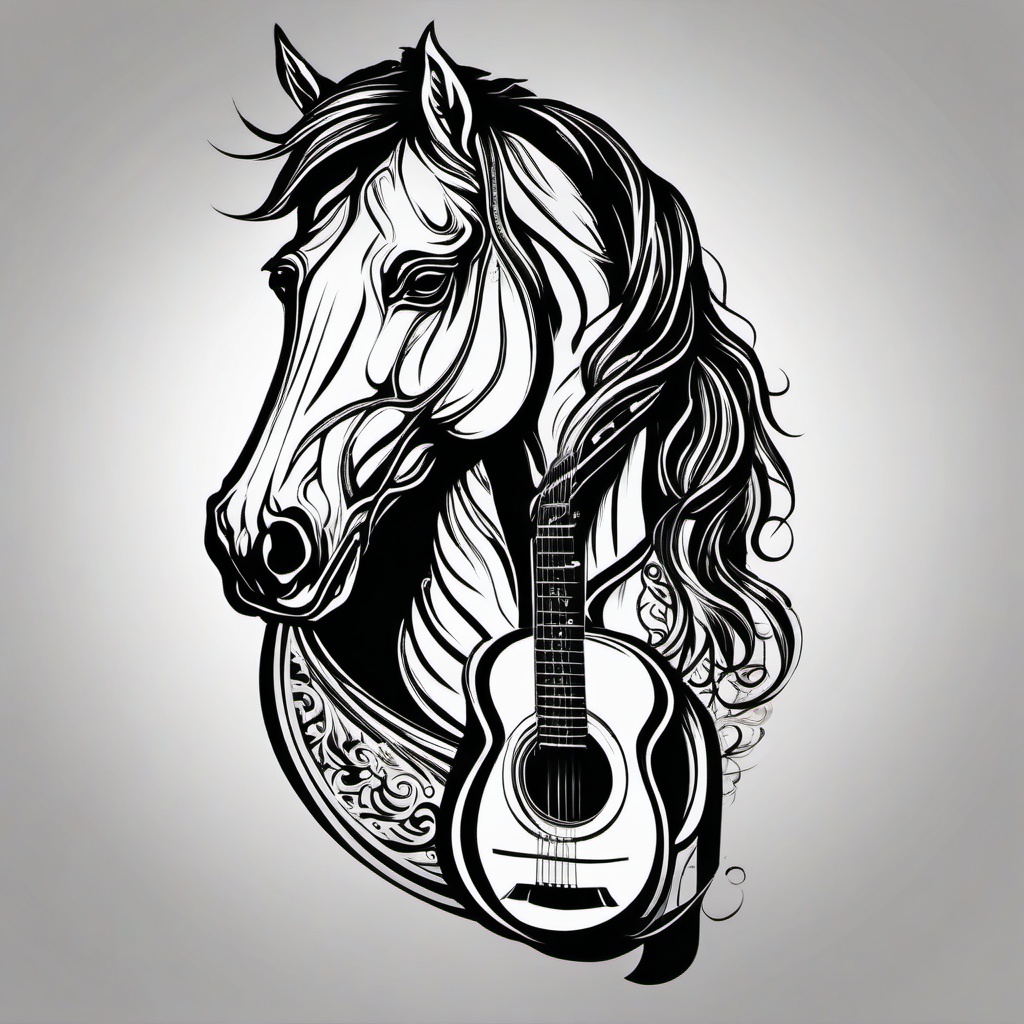 A horses head with a guitar underneath the head. Tattoo stencil 