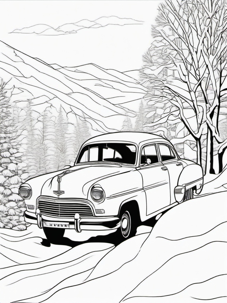 Car in a Snowy Landscape Coloring Pages - Winter Wonderland with a Car  minimal black outline printable sheet, coloring page