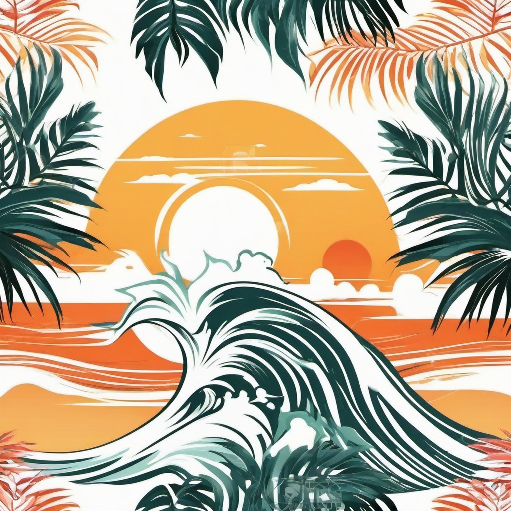 Palm Tree Wave Sun Tattoo - Capture the essence of a tropical paradise with a palm tree, wave, and sun tattoo.  simple vector color tattoo,minimal,white background