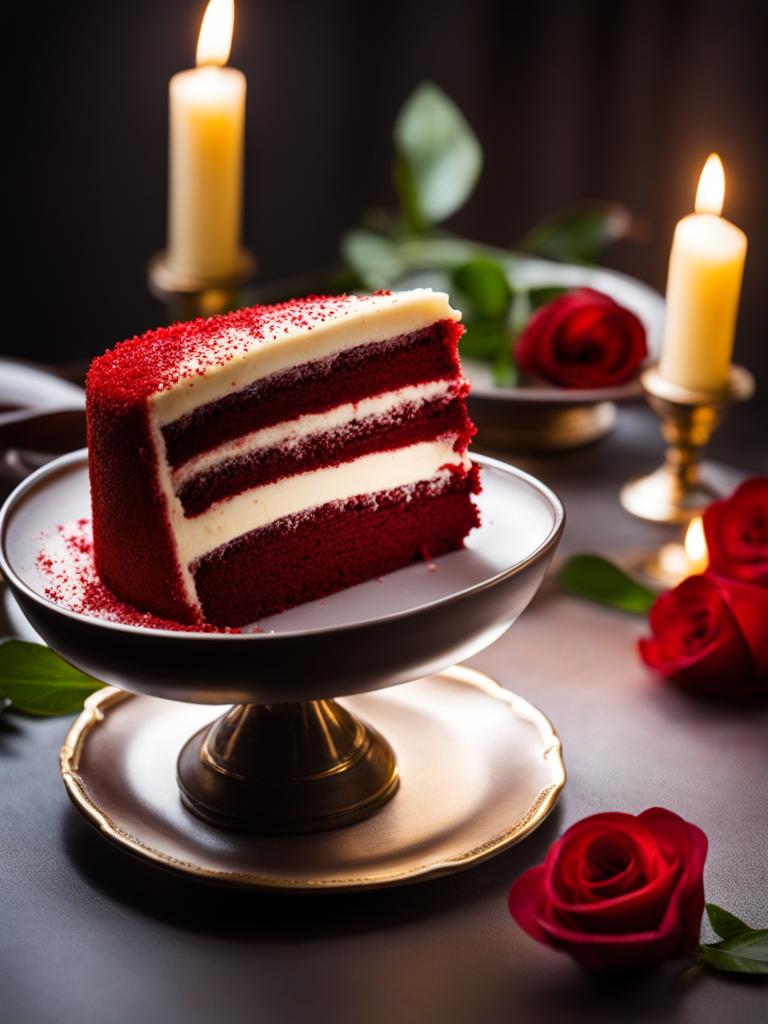 red velvet cake with cream cheese icing, devoured at a romantic dinner by candlelight. 