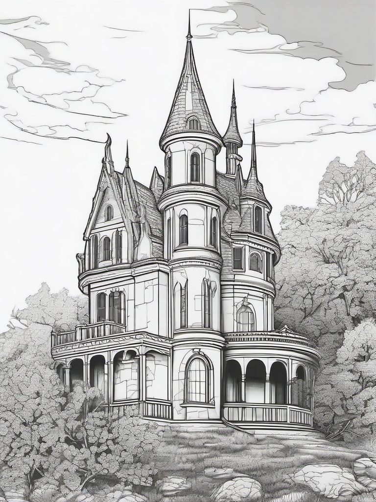 Haunted Castle Coloring Pages - Old Eerie Abandoned Castle  minimal black outline printable sheet, coloring page