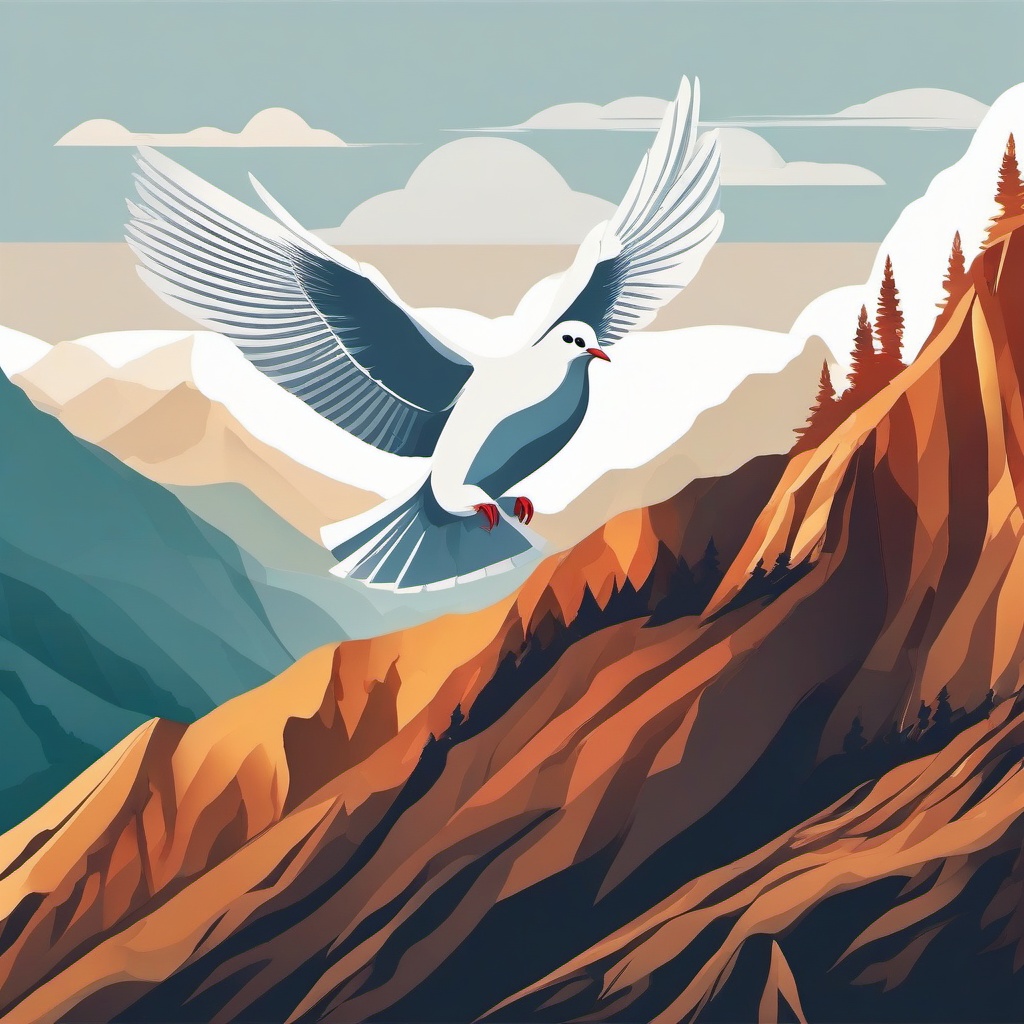 Dove soaring above a mountain range clipart.  vector style illustration, white background