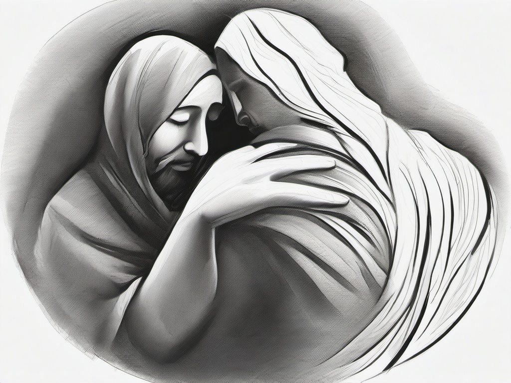 drawing of God comforting people  minimal rough sketch scribbles,doodles,black and white