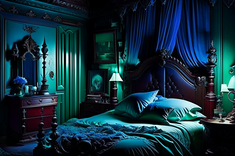 haunted mansion bedroom with ghostly apparitions and eerie whispers. 