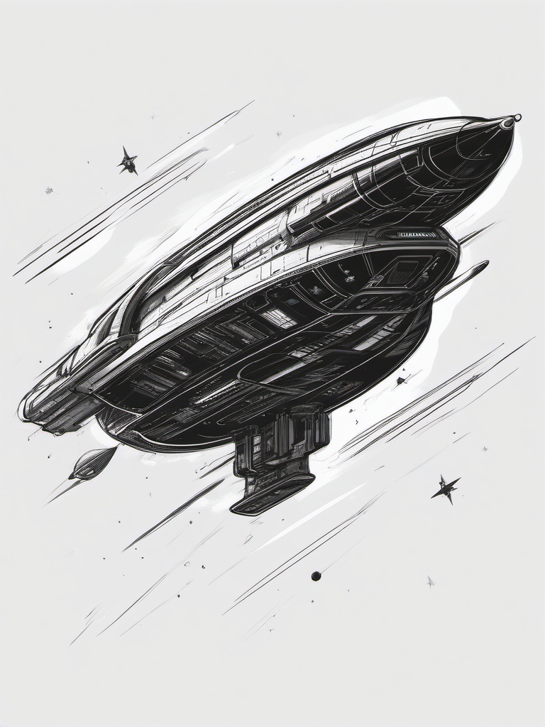 drawing of a spaceship flying  minimal rough sketch scribbles,doodles,black and white