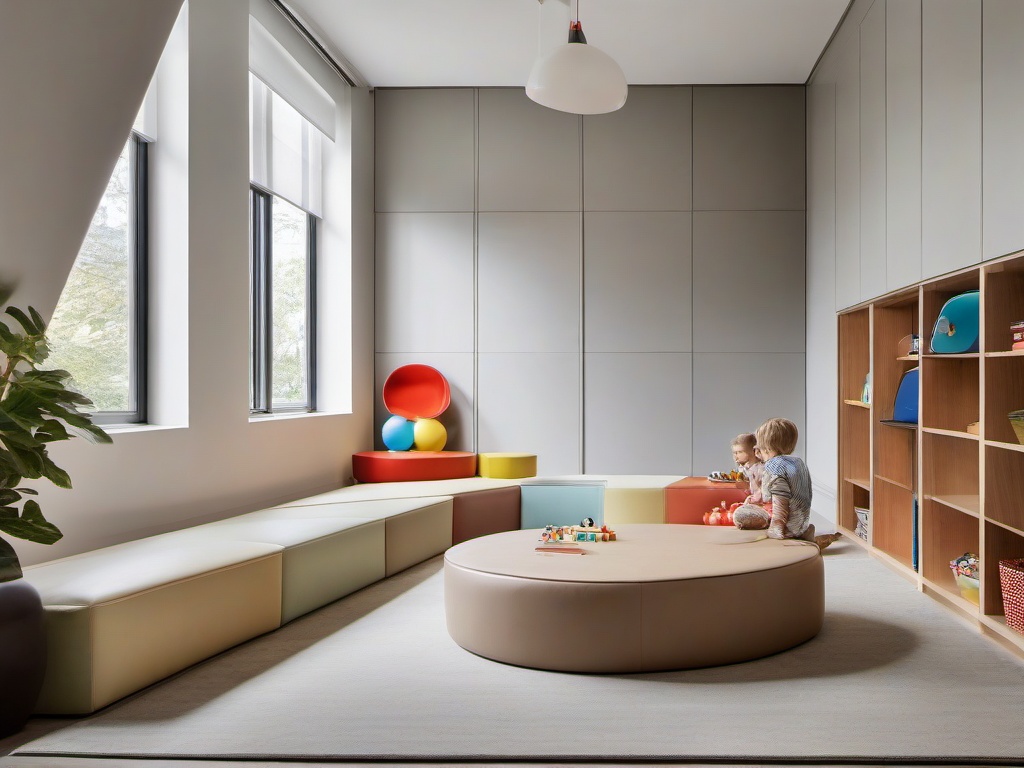 The playroom embodies Bauhaus interior design with modular seating, clean lines, and a thoughtful layout that provides a stylish space for children's activities.  