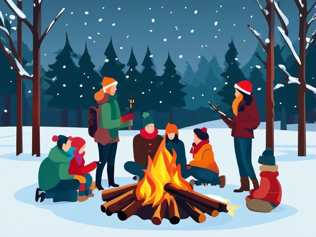 Winter Bonfire clipart - Gathered around a warm bonfire in winter, ,vector color clipart,minimal