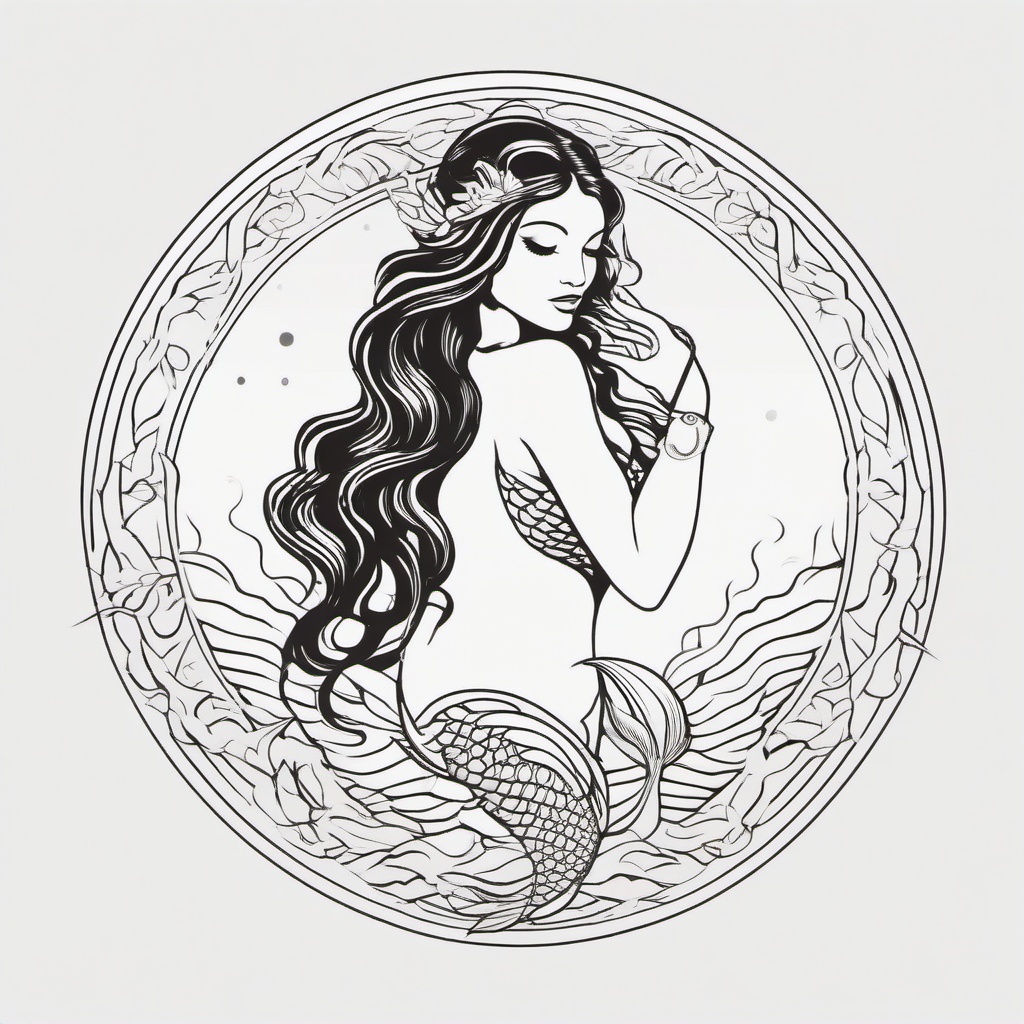 Goddess Mermaid Tattoo - Capture the divine essence with a goddess-inspired mermaid tattoo.  simple vector color tattoo,minimal,white background